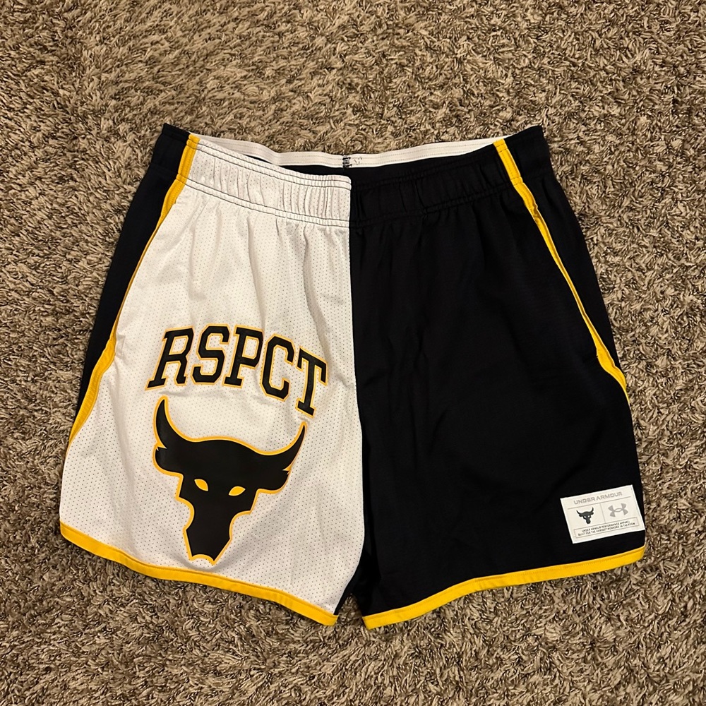 Men’s Project rock shorts. Colors are black yellow and white . 8inch seam
